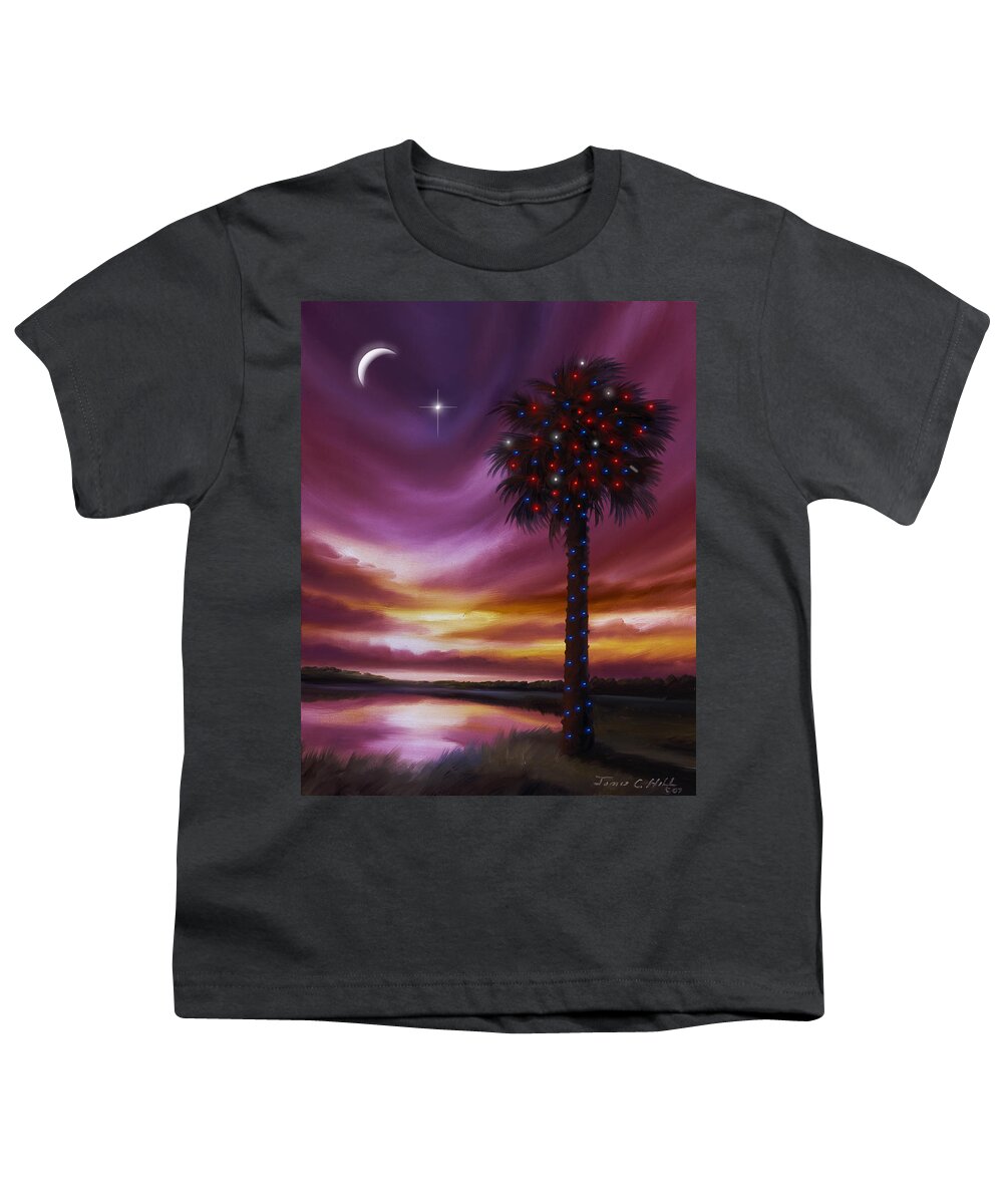 James Christopher Hill Youth T-Shirt featuring the painting Christmas Palmetto Tree by James Hill