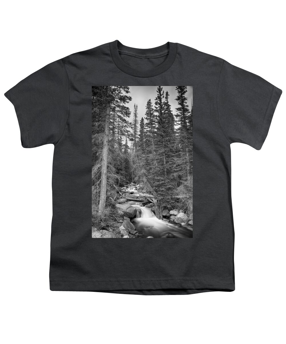 Mountain Stream Youth T-Shirt featuring the photograph Colorado Rocky Mountain Flowing Stream BW by James BO Insogna