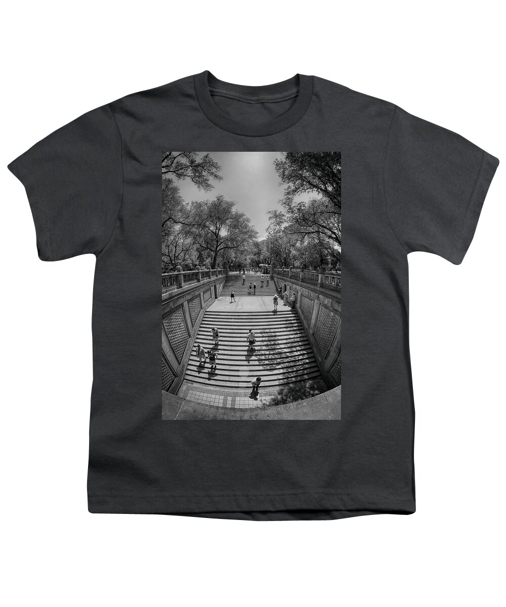 Central Park New York City Black White Commute Leisure Gray Grays Stairs Stone Cityscape Trees Photography Youth T-Shirt featuring the photograph Commute by Paul Watkins