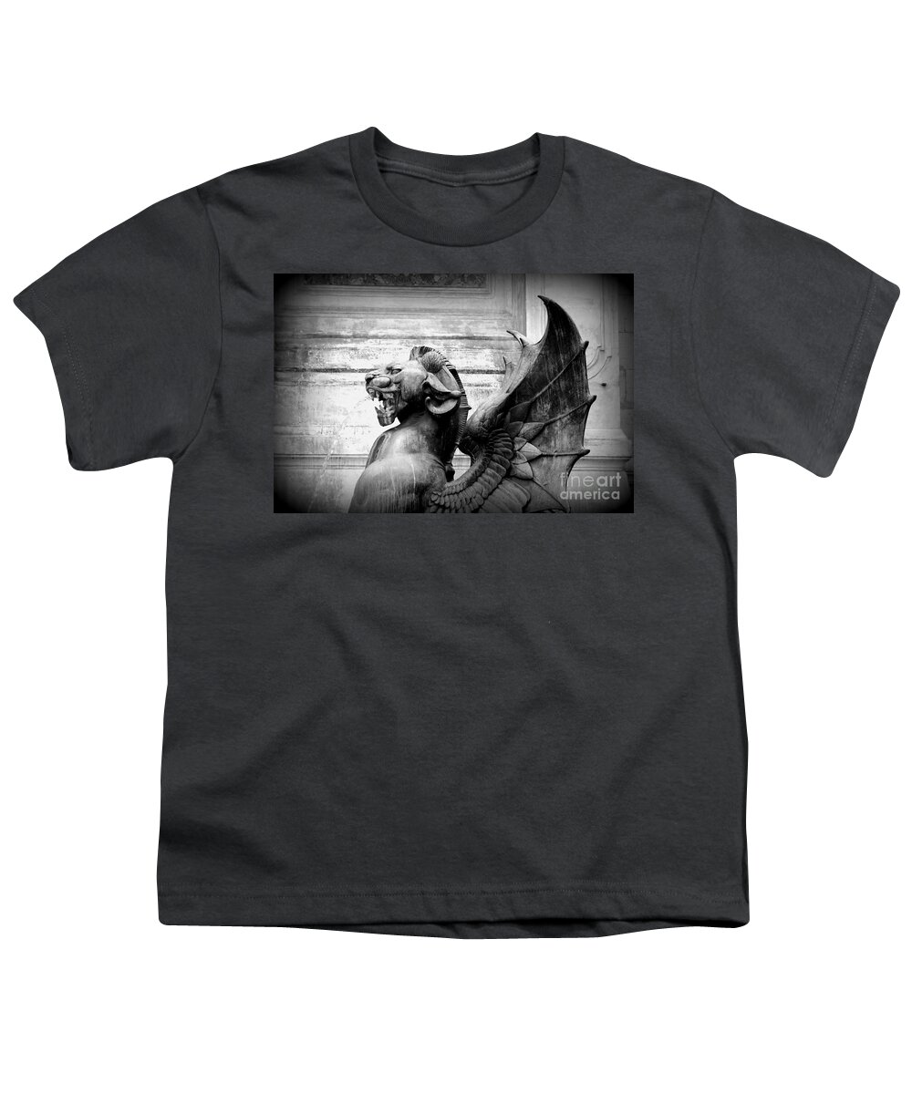 Paris Black And White Youth T-Shirt featuring the photograph Fierce Paris Dragon - Black and White by Carol Groenen