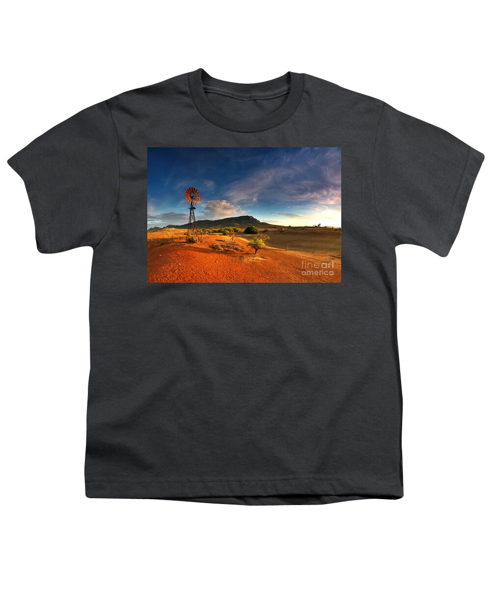 First Light Early Morning Windmill Dam Rawnsley Bluff Wilpena Pound Flinders Ranges South Australia Australian Landscape Landscapes Outback Red Earth Blue Sky Dry Arid Harsh Youth T-Shirt featuring the photograph First Light on Wilpena Pound by Bill Robinson