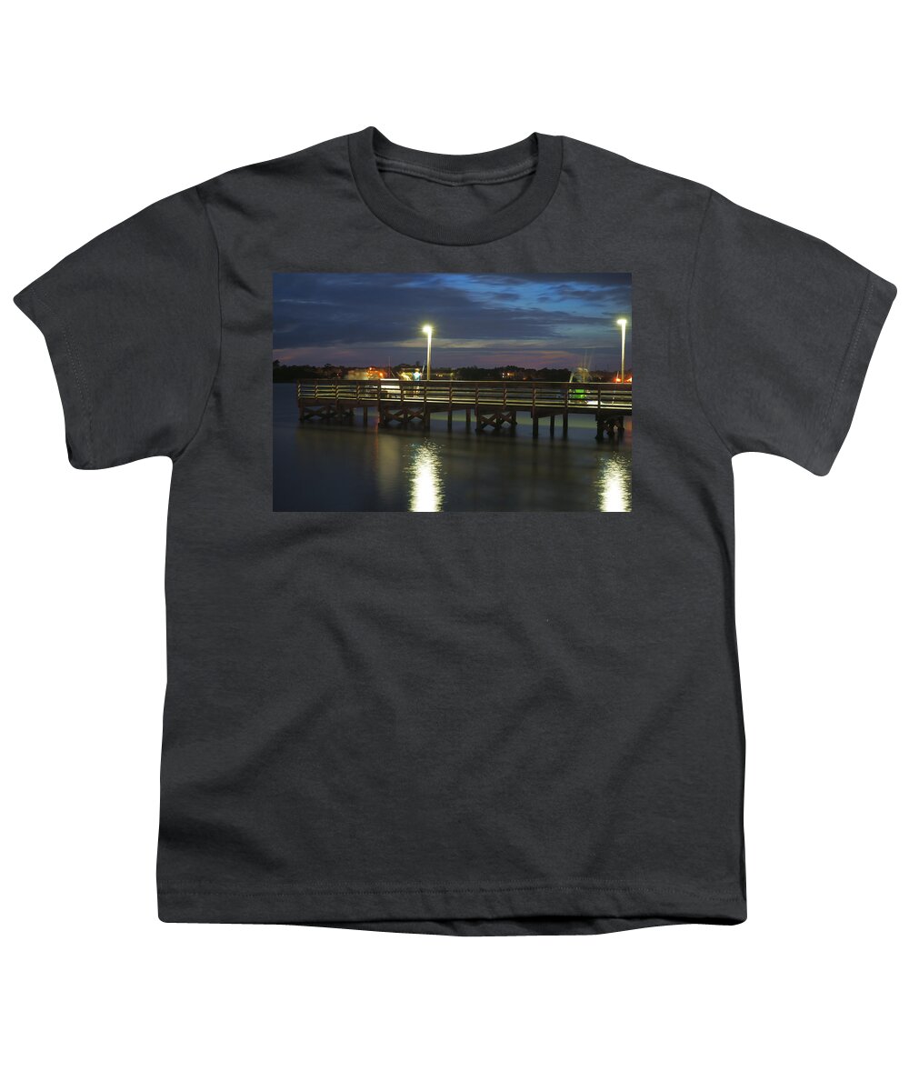 Fishing Pier Youth T-Shirt featuring the photograph Fishing at Soundside Park in Surf City by Mike McGlothlen