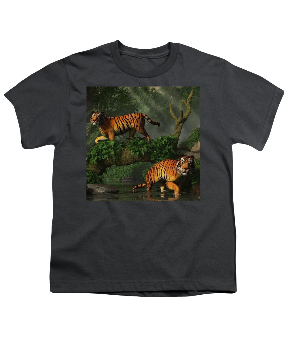 Tiger Youth T-Shirt featuring the digital art Fishing Tigers by Daniel Eskridge