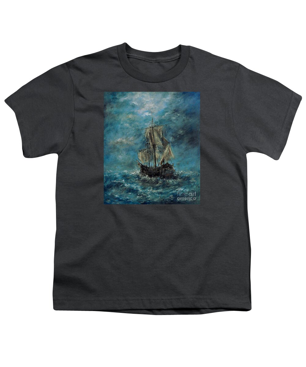 Ship Youth T-Shirt featuring the painting Flying Dutchman by Arturas Slapsys