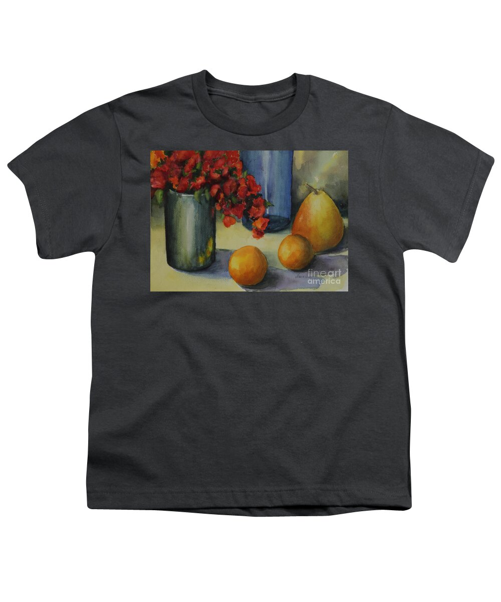 Pewter Vase Youth T-Shirt featuring the photograph Geraniums with Pear and Oranges by Maria Hunt