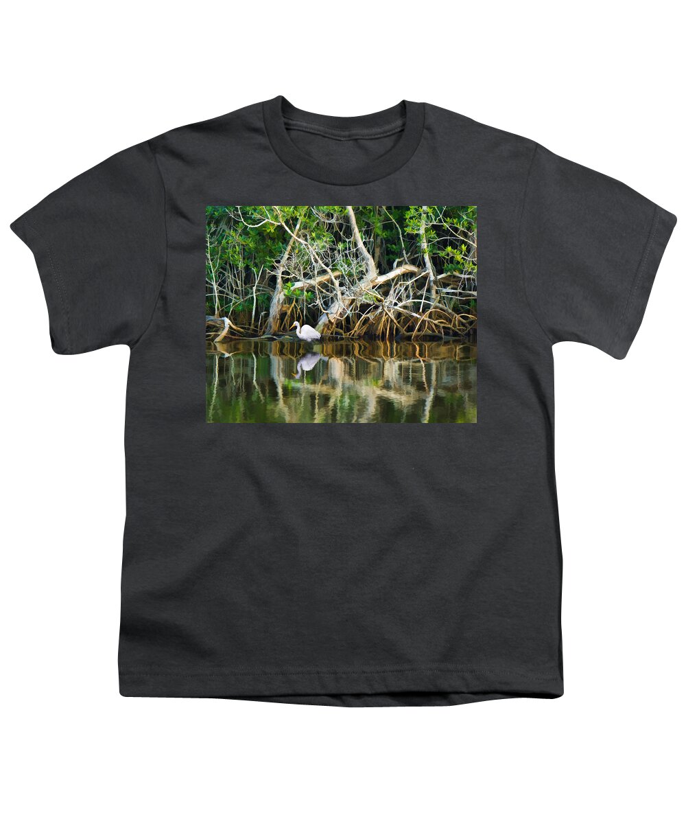 White Egret Bird Youth T-Shirt featuring the photograph Great White Egret and Reflection in Swamp Mangroves by Ginger Wakem