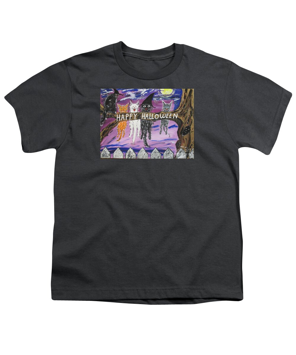 Cat Art Youth T-Shirt featuring the painting Halloween Scaredy Cats Painting by Jeffrey Koss