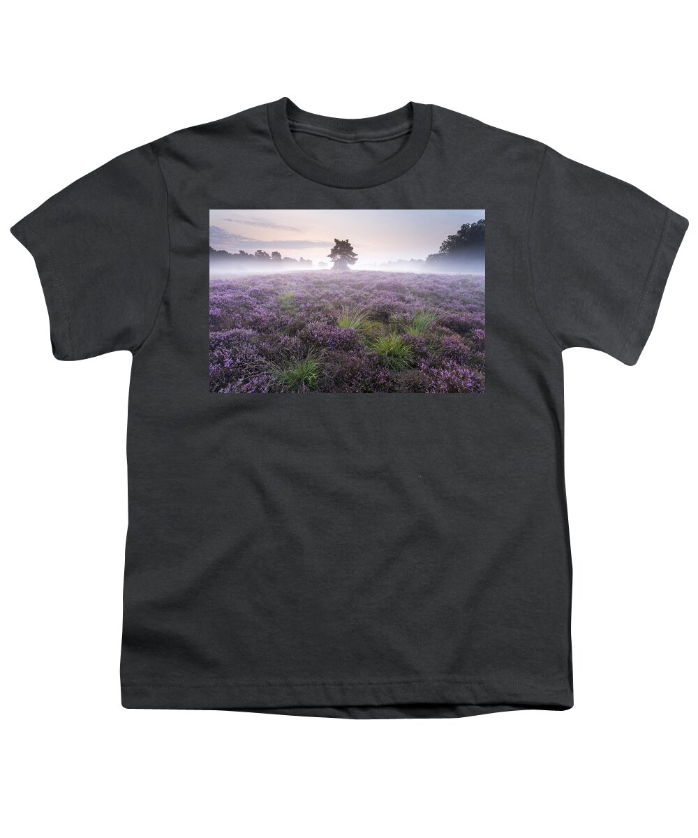 Ronald Kamphius Youth T-Shirt featuring the photograph Heather With Fog Overijssel Netherlands by Ronald Kamphius