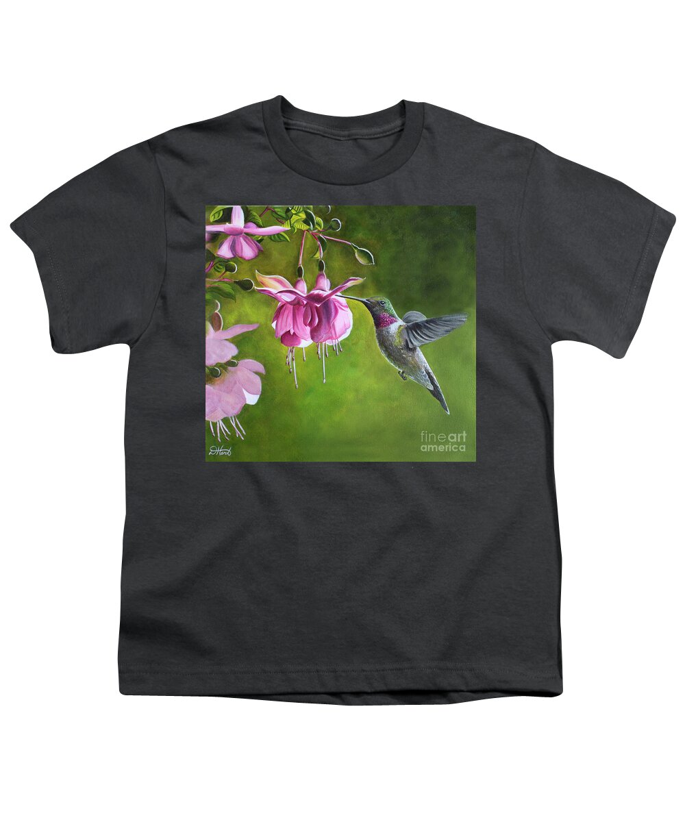 Hummingbird Youth T-Shirt featuring the painting Hummingbird and Fuschia by Debbie Hart