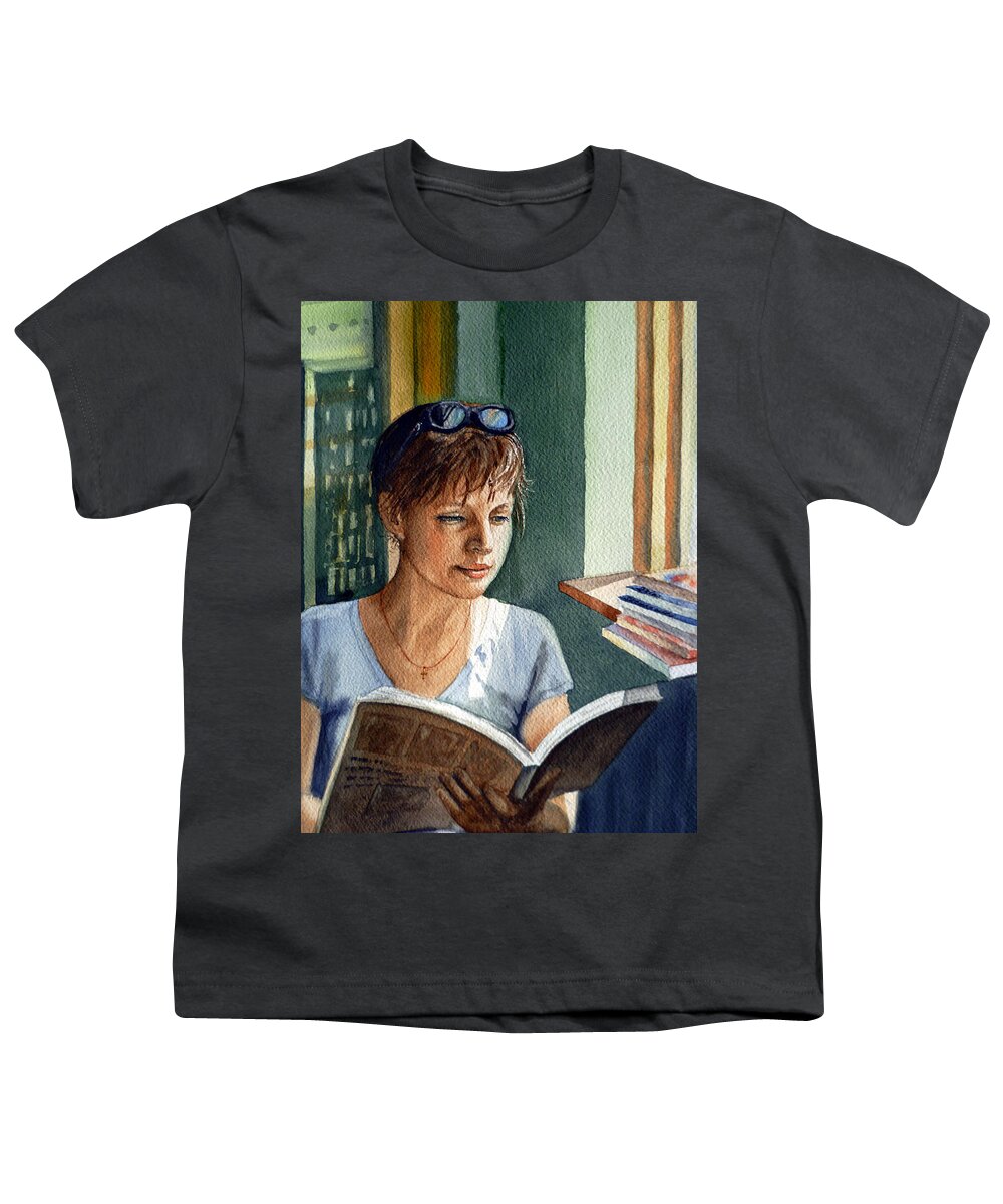Woman Youth T-Shirt featuring the painting In The Book Store by Irina Sztukowski