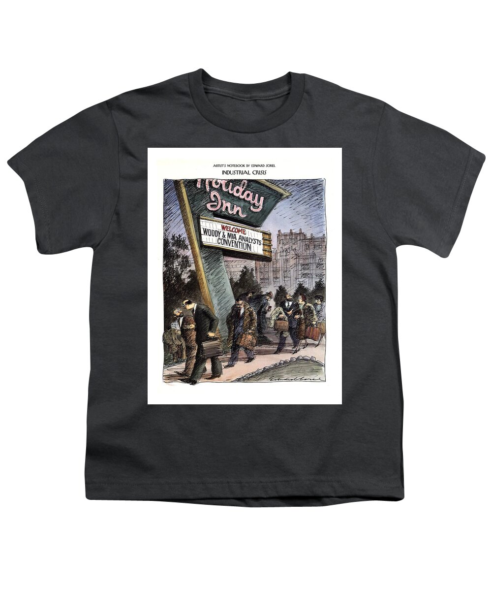 Industrial Crisis
(long Line Of Distressed-looking Professional People Talking And Walking Past A Holiday Inn Sign Which Reads )
Psychology Youth T-Shirt featuring the drawing Industrial Crisis by Edward Sorel