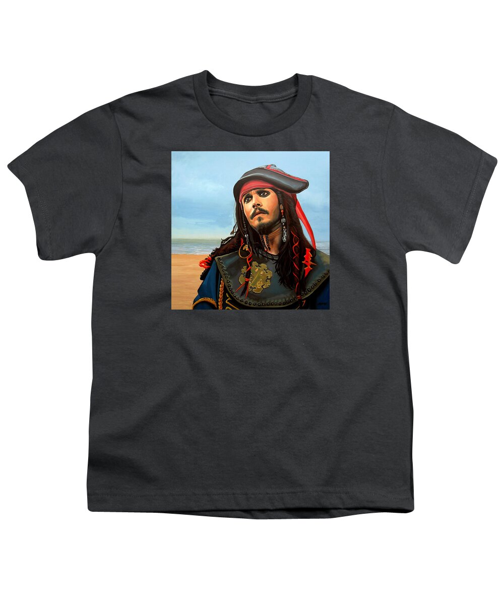 Johnny Depp Youth T-Shirt featuring the painting Johnny Depp as Jack Sparrow by Paul Meijering