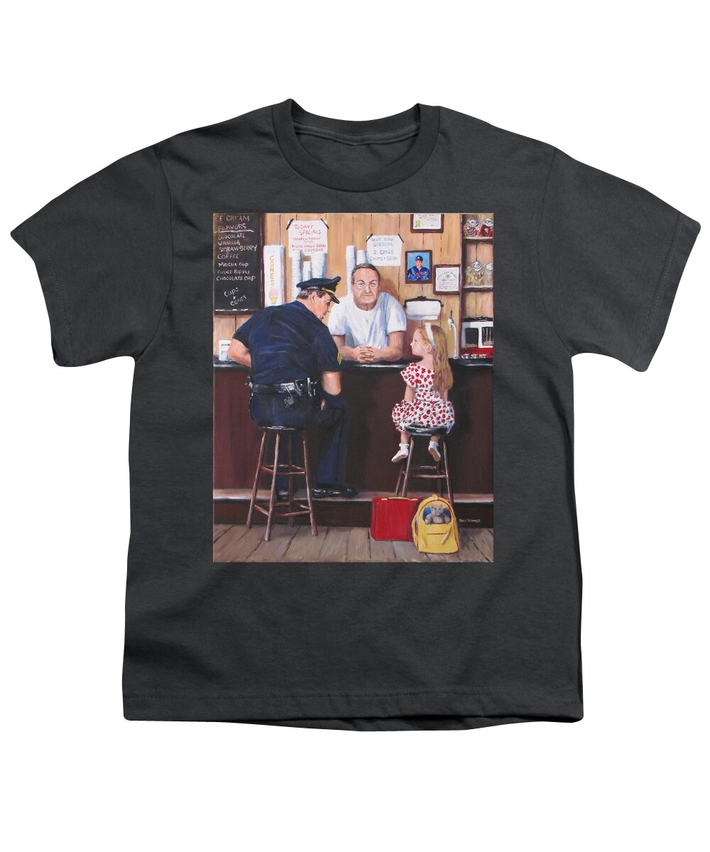 Police Youth T-Shirt featuring the painting Lost And Found by Jack Skinner