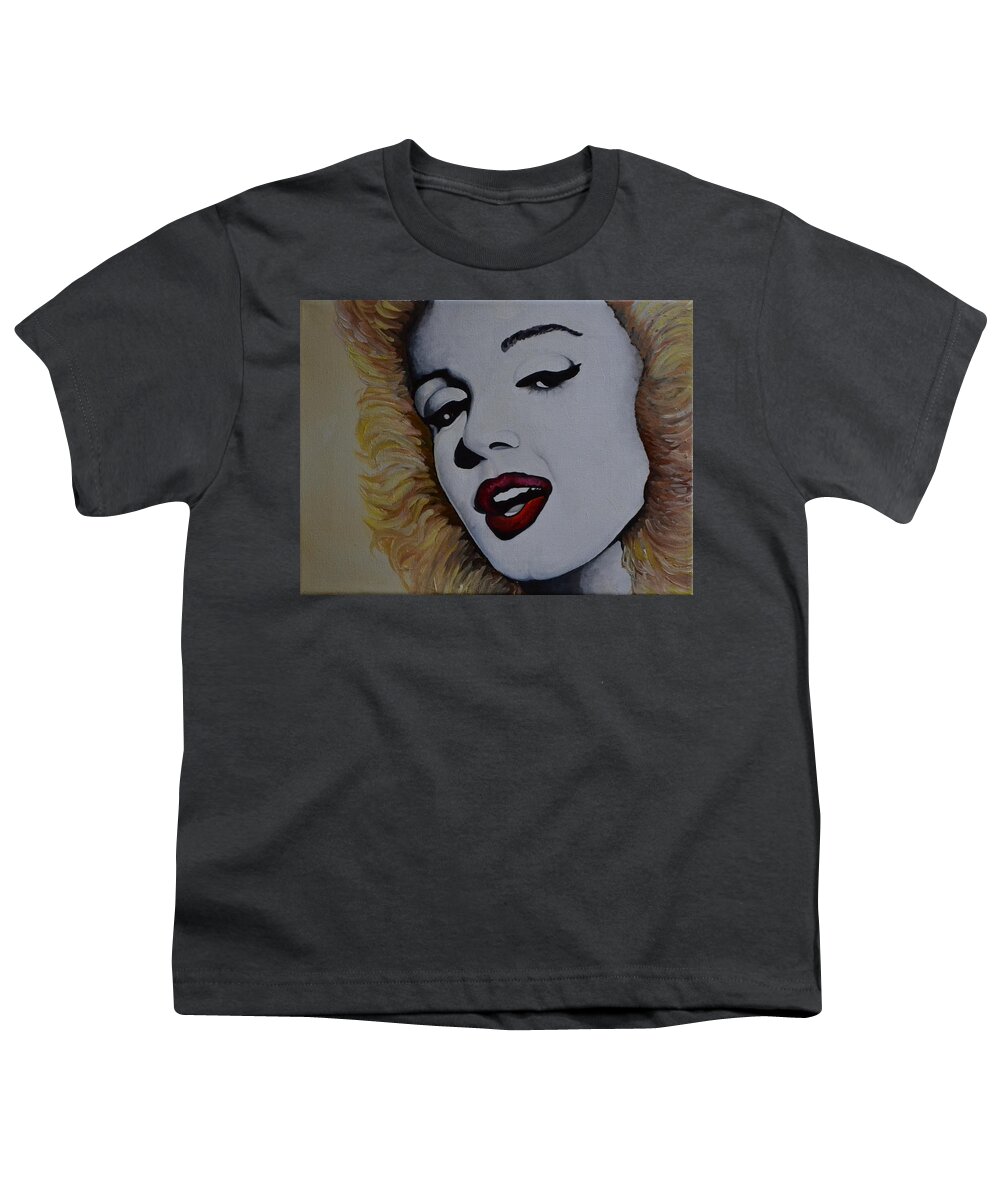 A Portrait Of Marilyn Monroe In Her Young Years In Hollywood. Marilyns Face Is Painted In Black And White While Her Hair Is Blonde And The Lips Are Red. I Painted Her Face White Because I Wanted A Dramatic Contrast To Her Blonde.  Youth T-Shirt featuring the painting Marilyn Monroe 1 by Martin Schmidt