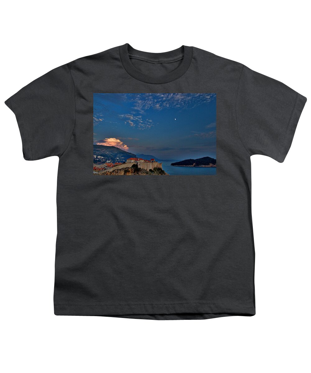 Dubrovnik Youth T-Shirt featuring the photograph Moon Over Dubrovnik's Walls by Stuart Litoff
