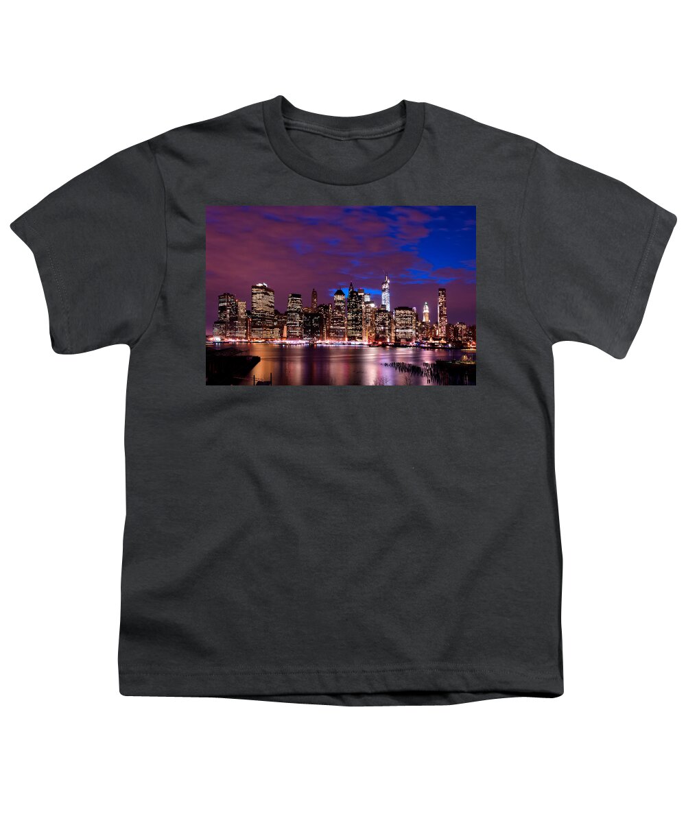 New York Youth T-Shirt featuring the photograph New York Skyline Magic Hour-- from Brooklyn Heights Promenade by Mitchell R Grosky