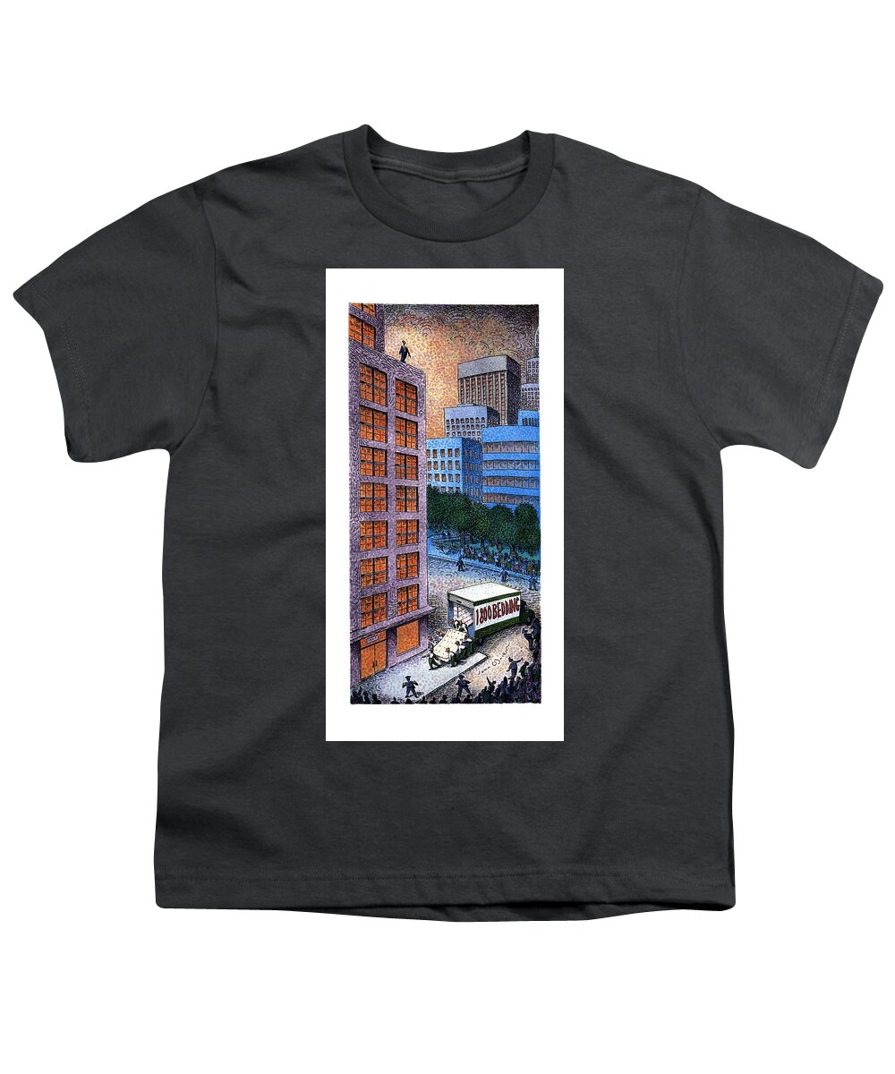 No Caption
Two Column Color Cartoon Of Man Standing On The Ledge Of A High-rise Building Getting Ready To Jump Off And Commit Suicide. On The Street Below Youth T-Shirt featuring the drawing New Yorker November 13th, 1995 by John O'Brien