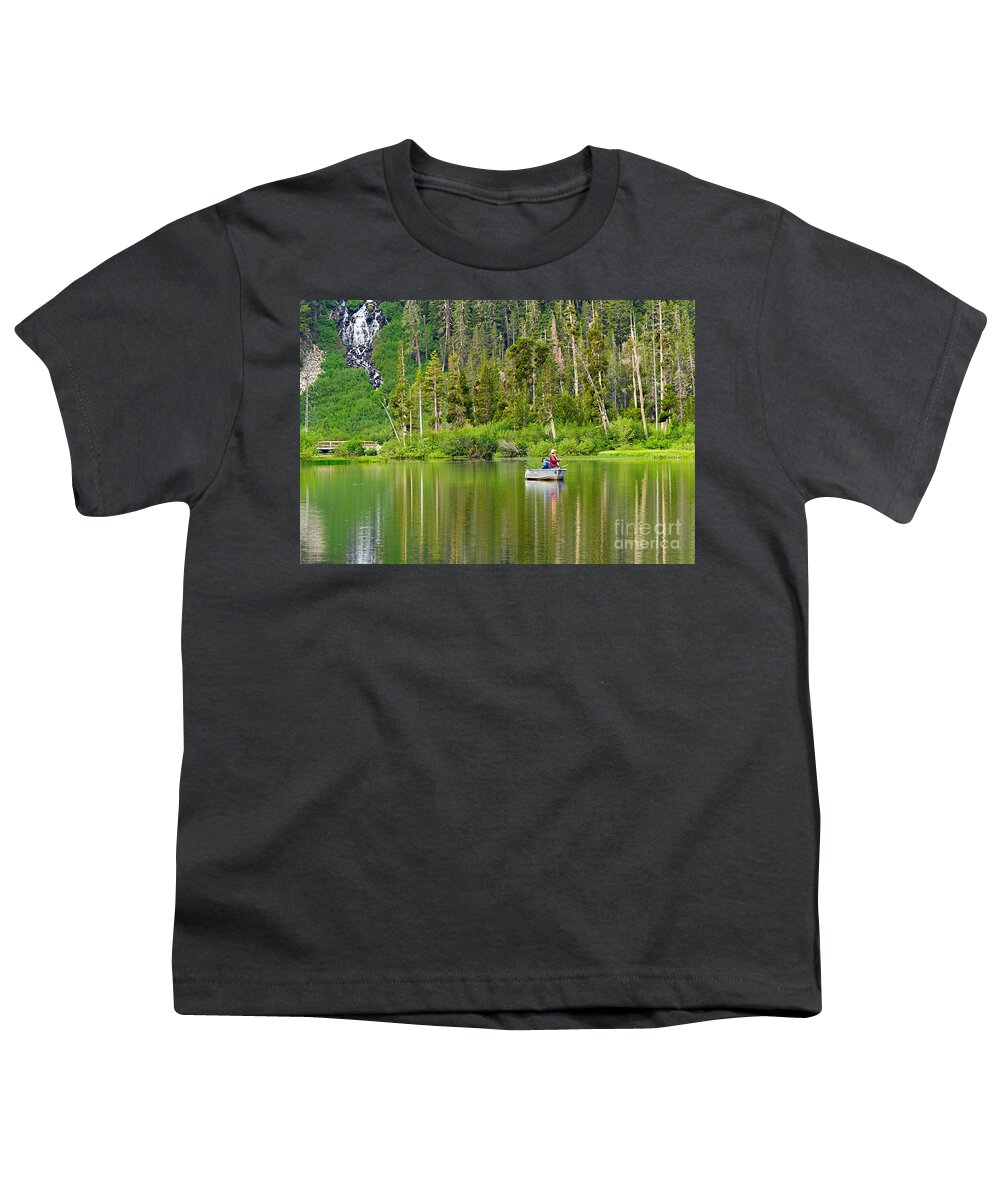 Lake Reflection Fishing Boat Waterfall Forest Morning Mountain M Youth T-Shirt featuring the photograph Perfect Sunday - Two people fishing on a lake in Mammoth California. by Jamie Pham