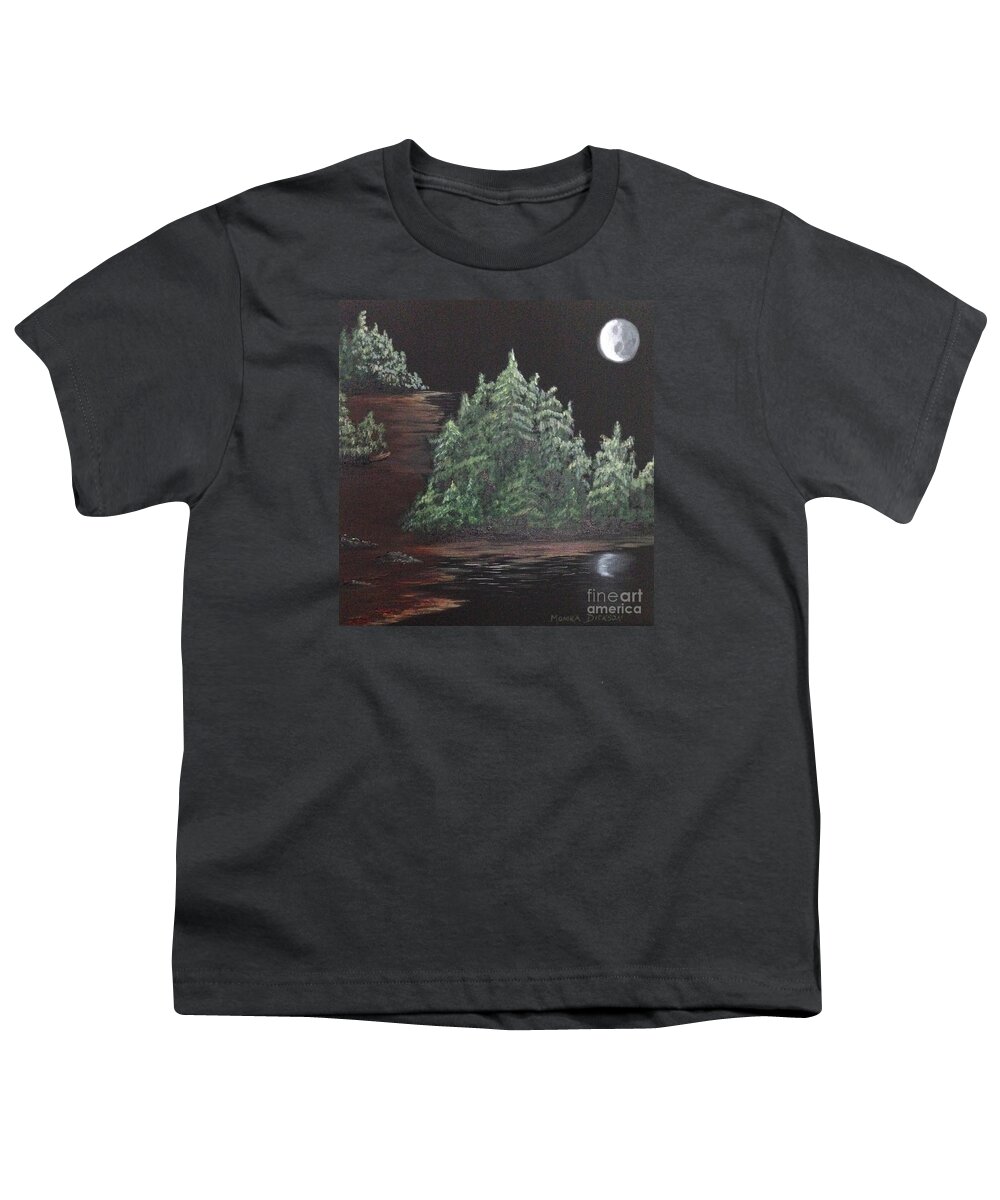 Pines Youth T-Shirt featuring the painting Pines With moon by Monika Shepherdson