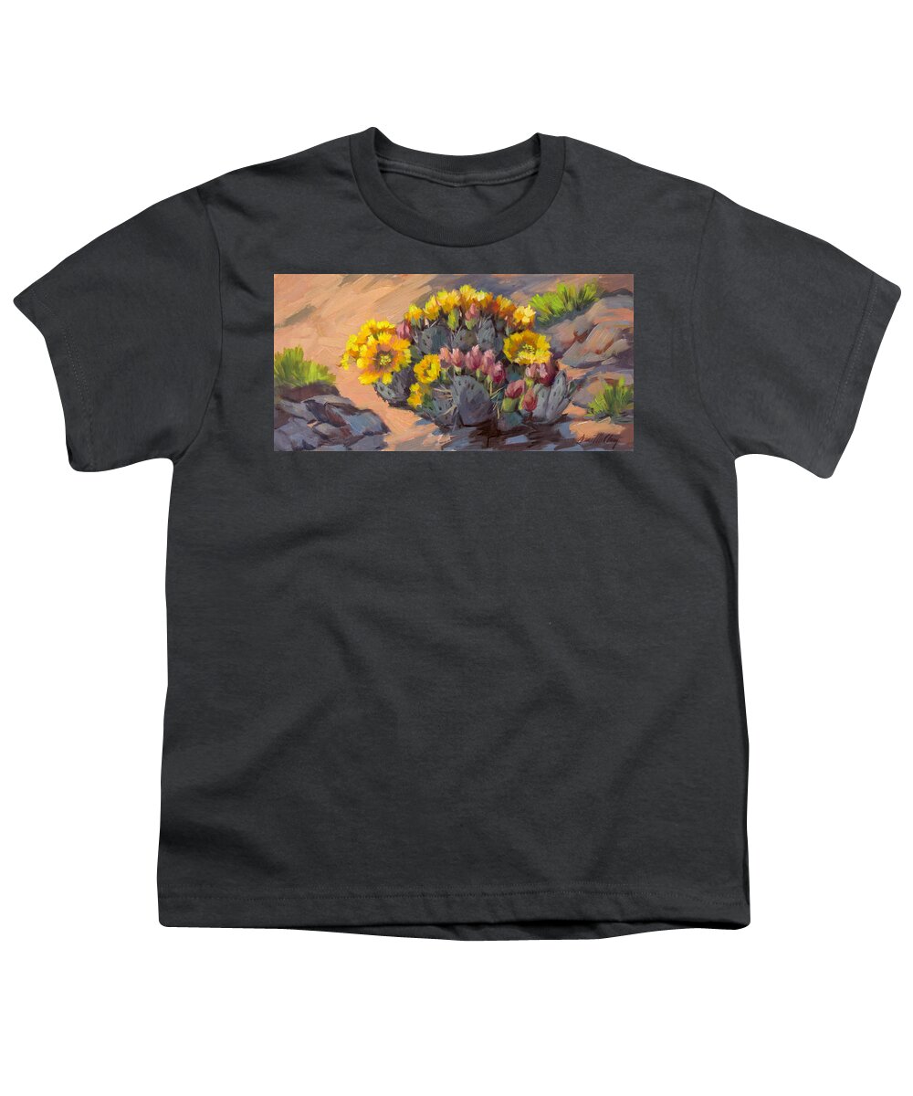 Cactus Youth T-Shirt featuring the painting Prickly Pear Cactus in Bloom by Diane McClary