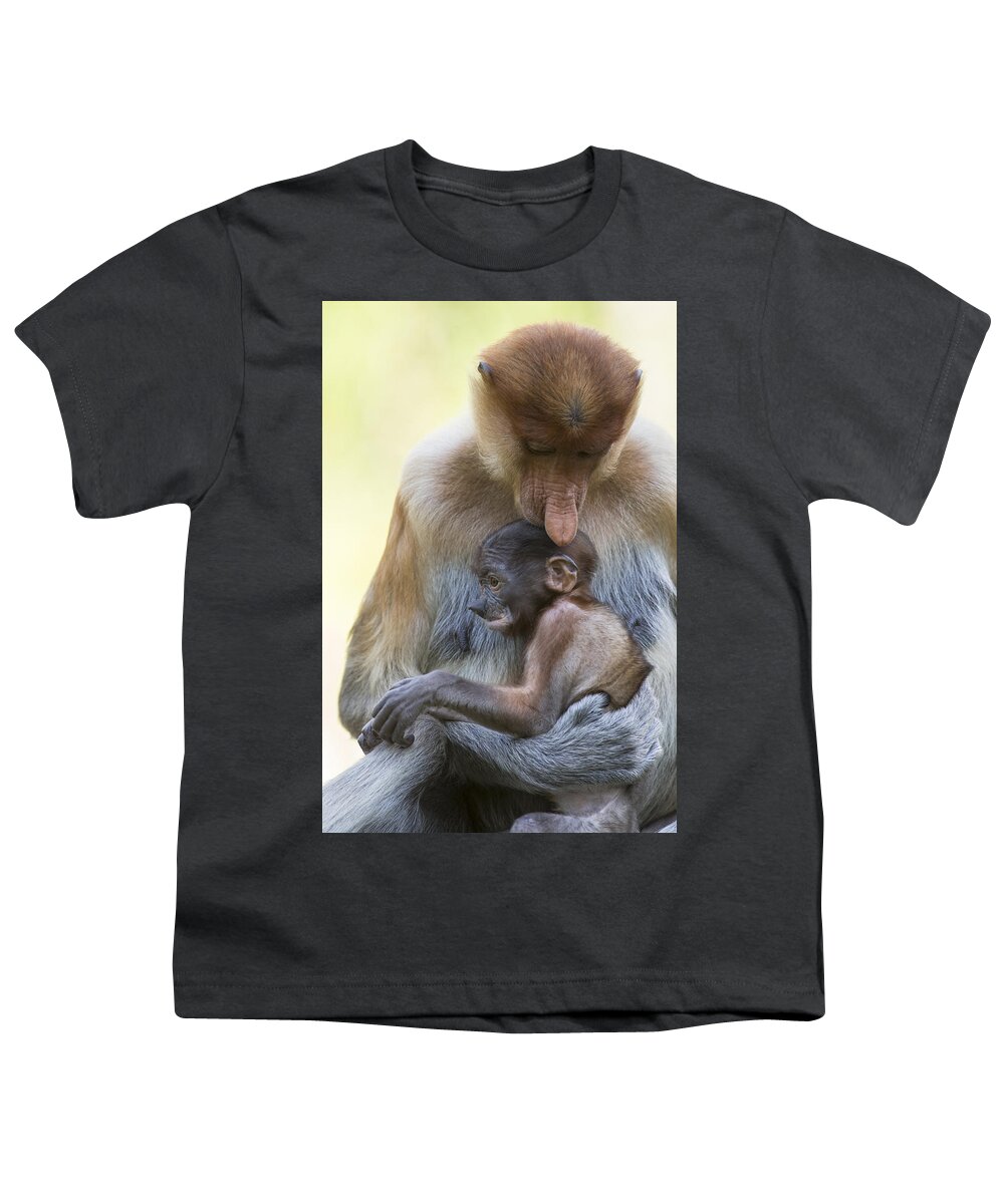 Suzi Eszterhas Youth T-Shirt featuring the photograph Proboscis Monkey Mother Holding Baby by Suzi Eszterhas