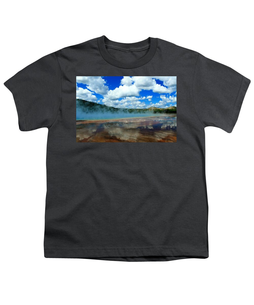 Yellowstone National Park Youth T-Shirt featuring the photograph Puffy Clouds and Hot Springs by Catie Canetti