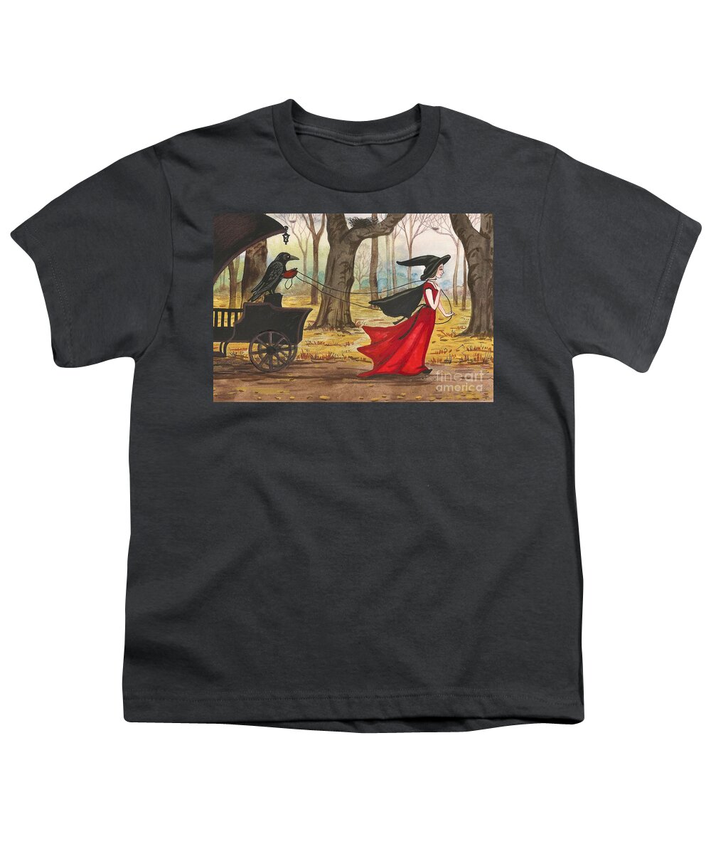 Painting Youth T-Shirt featuring the painting Ravens Halloween Carriage by Margaryta Yermolayeva
