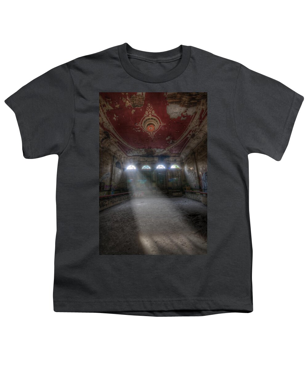 Urbex Youth T-Shirt featuring the digital art Red dance room by Nathan Wright