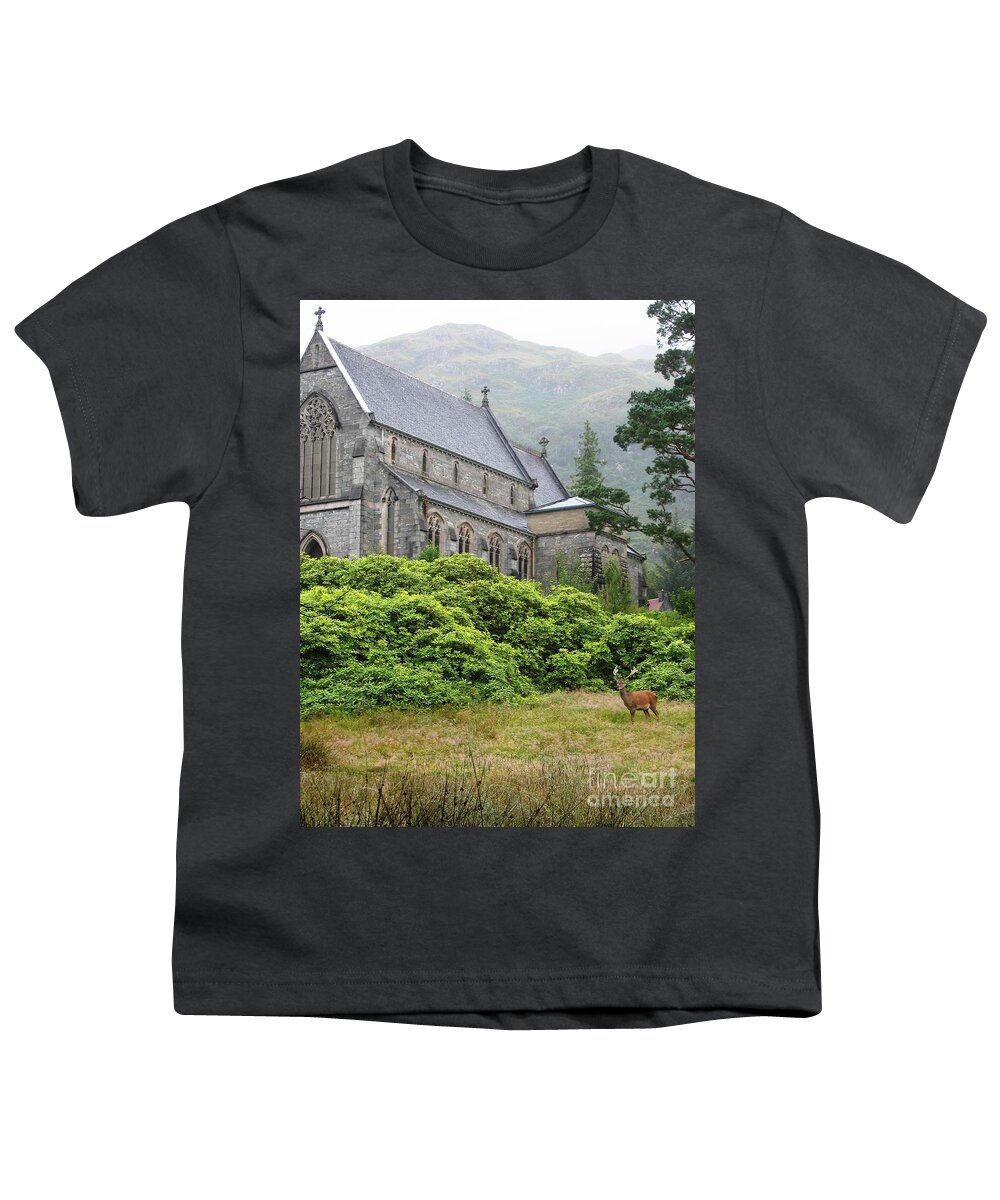 Scottish Highlands Youth T-Shirt featuring the photograph Red Deer And Church by Denise Railey