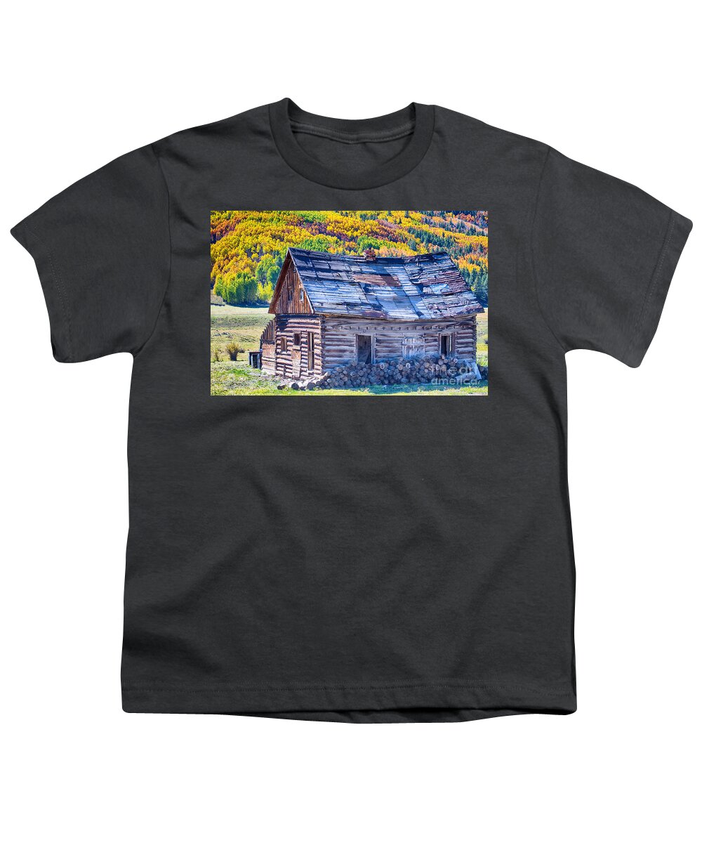 Autumn Youth T-Shirt featuring the photograph Rocky Mountain Rural Rustic Cabin Autumn View by James BO Insogna