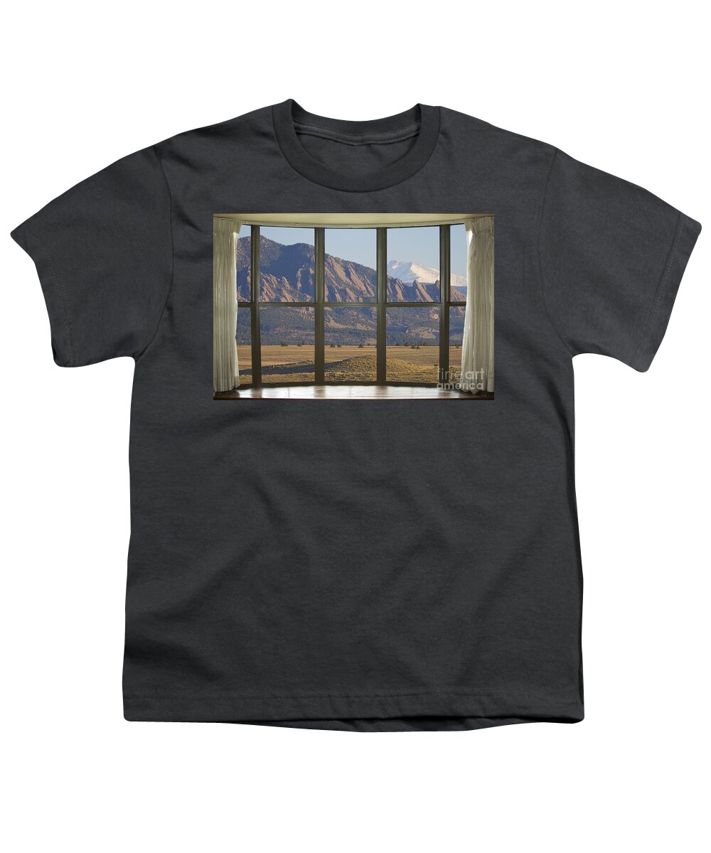 Window Youth T-Shirt featuring the photograph Rocky Mountains Flatirons with Snow Longs Peak Bay Window View by James BO Insogna