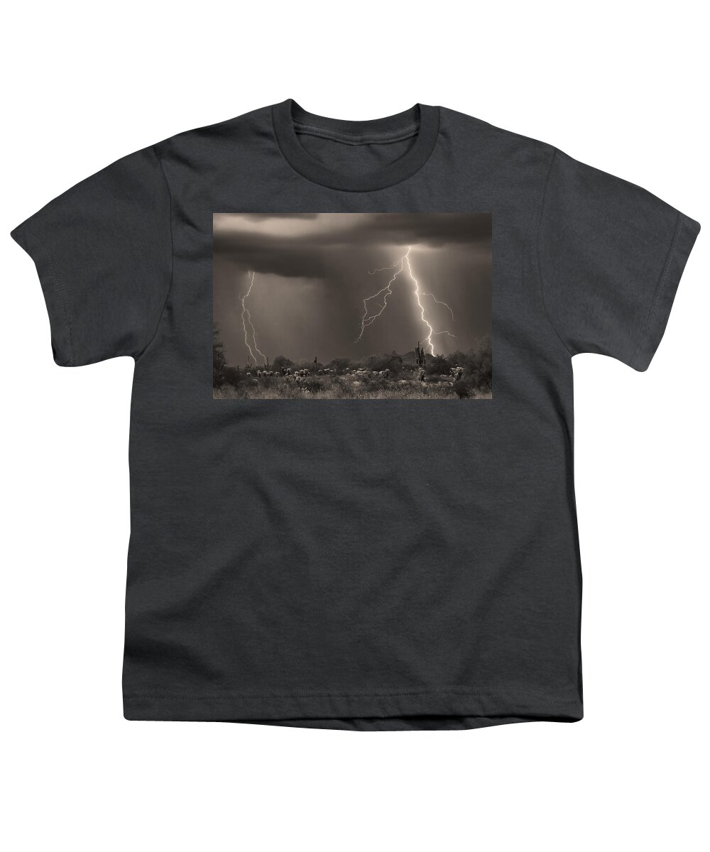 Sepia; Arizona; Az; Desert; Cactus; Saguaro;  Lightning; Lightening; Chasers; Lightning Poster; Lightning Photography; Lightning Gallery; Picture Of Lightning; Lightning Storm Pictures; Pictures Of Storm Clouds And Lightning; Youth T-Shirt featuring the photograph Sonoran Desert Storm - Sepia by James BO Insogna