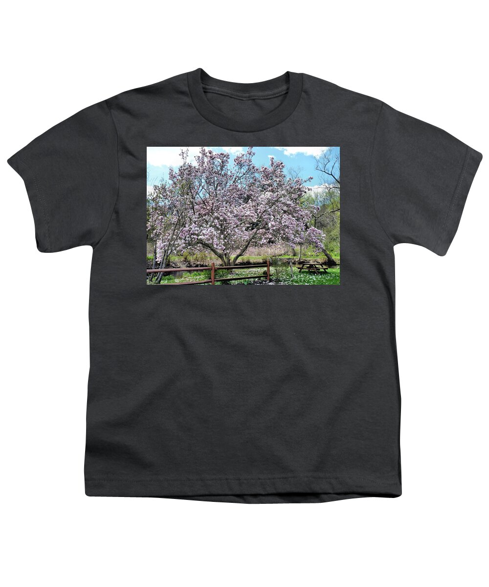 Pink Magnolia Tree Youth T-Shirt featuring the photograph Spring Picnic by Janice Drew