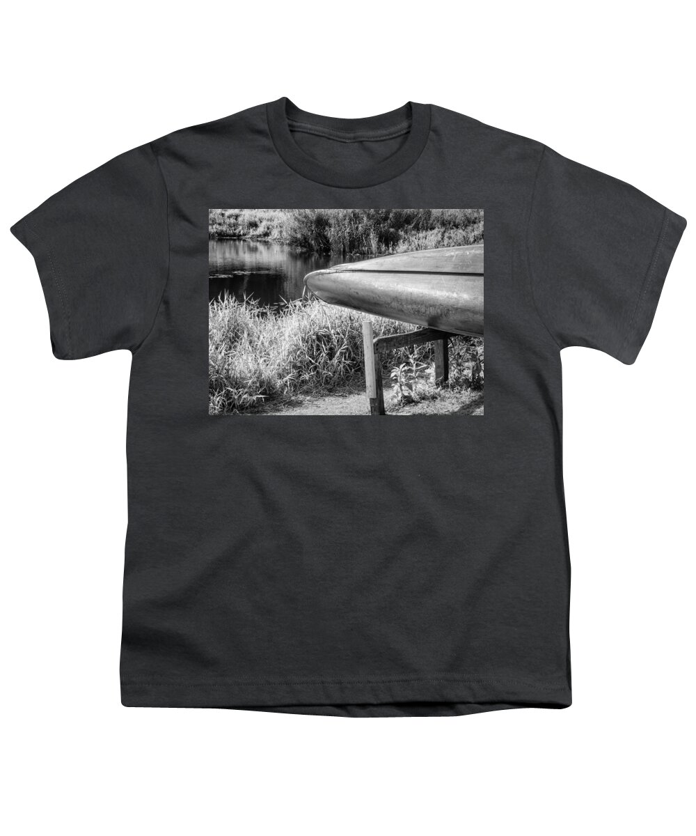 Canoe Youth T-Shirt featuring the photograph Springtime Canoe BW by Carolyn Marshall