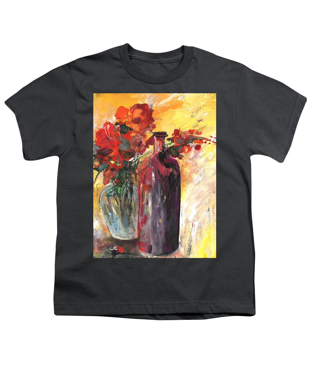 Flowers Youth T-Shirt featuring the painting Still Live with Flowers Vase and Black Bottle by Miki De Goodaboom