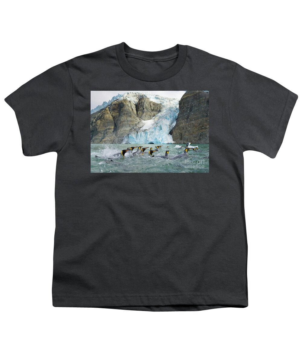 00345360 Youth T-Shirt featuring the photograph Swimming King Penguins And Glacier by Yva Momatiuk John Eastcott