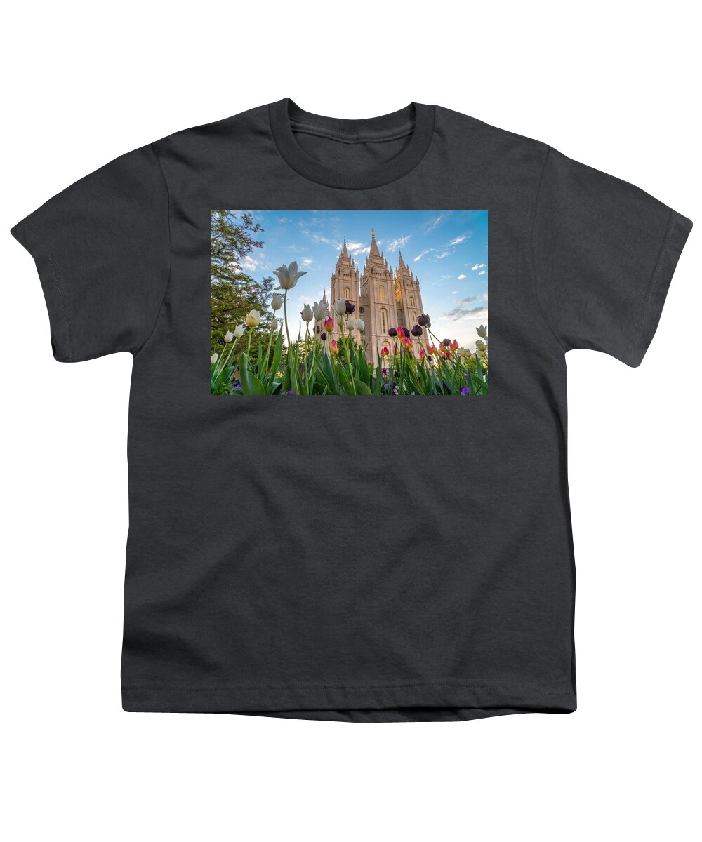 Utah Youth T-Shirt featuring the photograph Tulips at the Temple by Dustin LeFevre