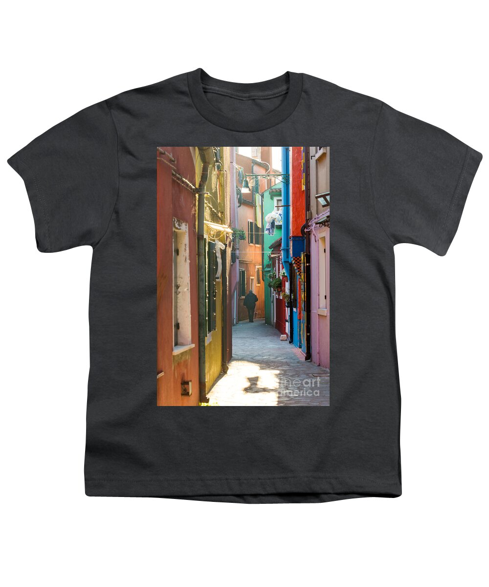 Venice Youth T-Shirt featuring the photograph Typical street with colorful houses in Burano - Venice by Matteo Colombo