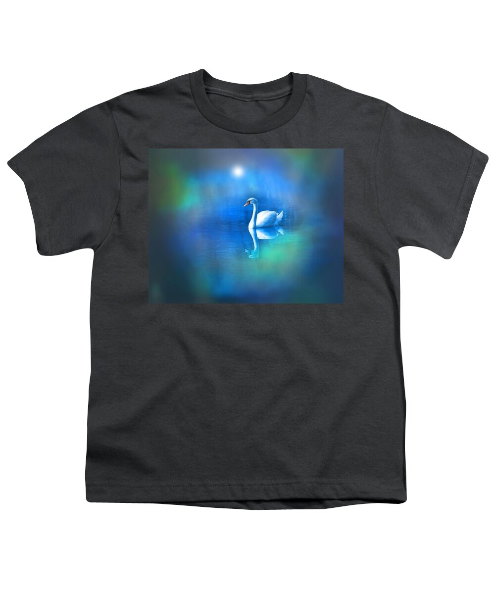 White Swan Youth T-Shirt featuring the digital art White Swan in blue fog by Lilia S