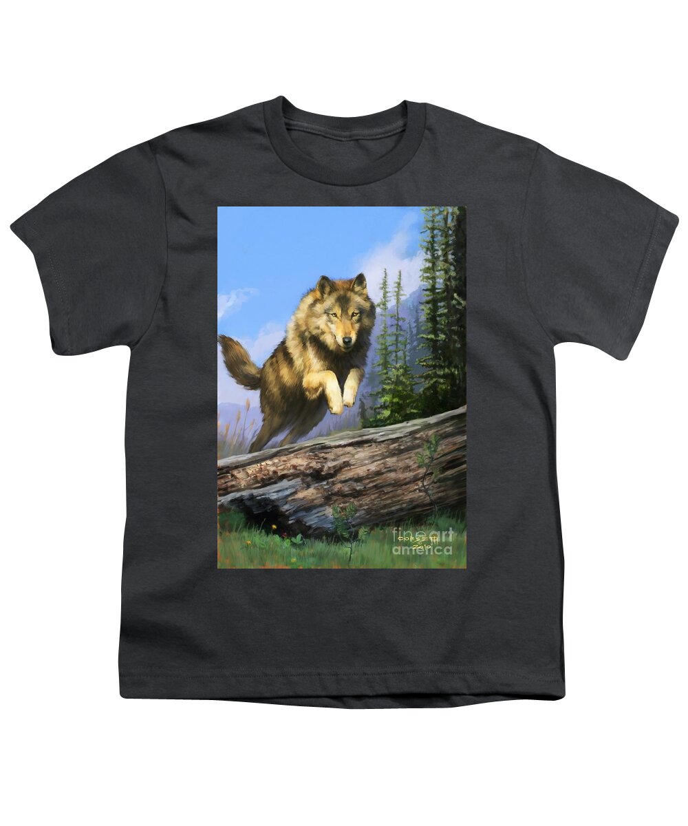 Alaskan Wolf Youth T-Shirt featuring the painting Wolf Run by Robert Corsetti