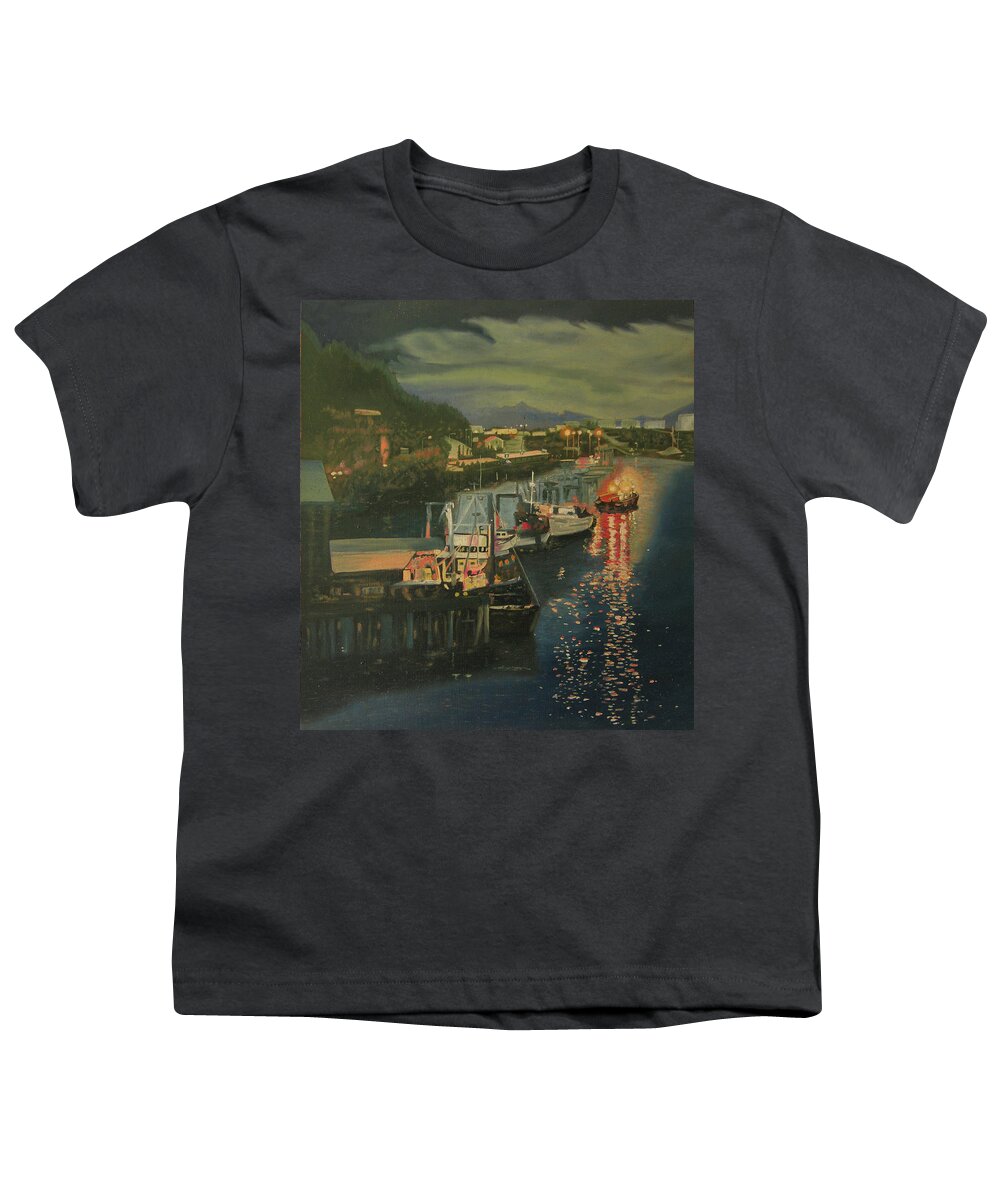 Juneau Alaska Youth T-Shirt featuring the painting An Evening in Juneau Alaska by Thu Nguyen