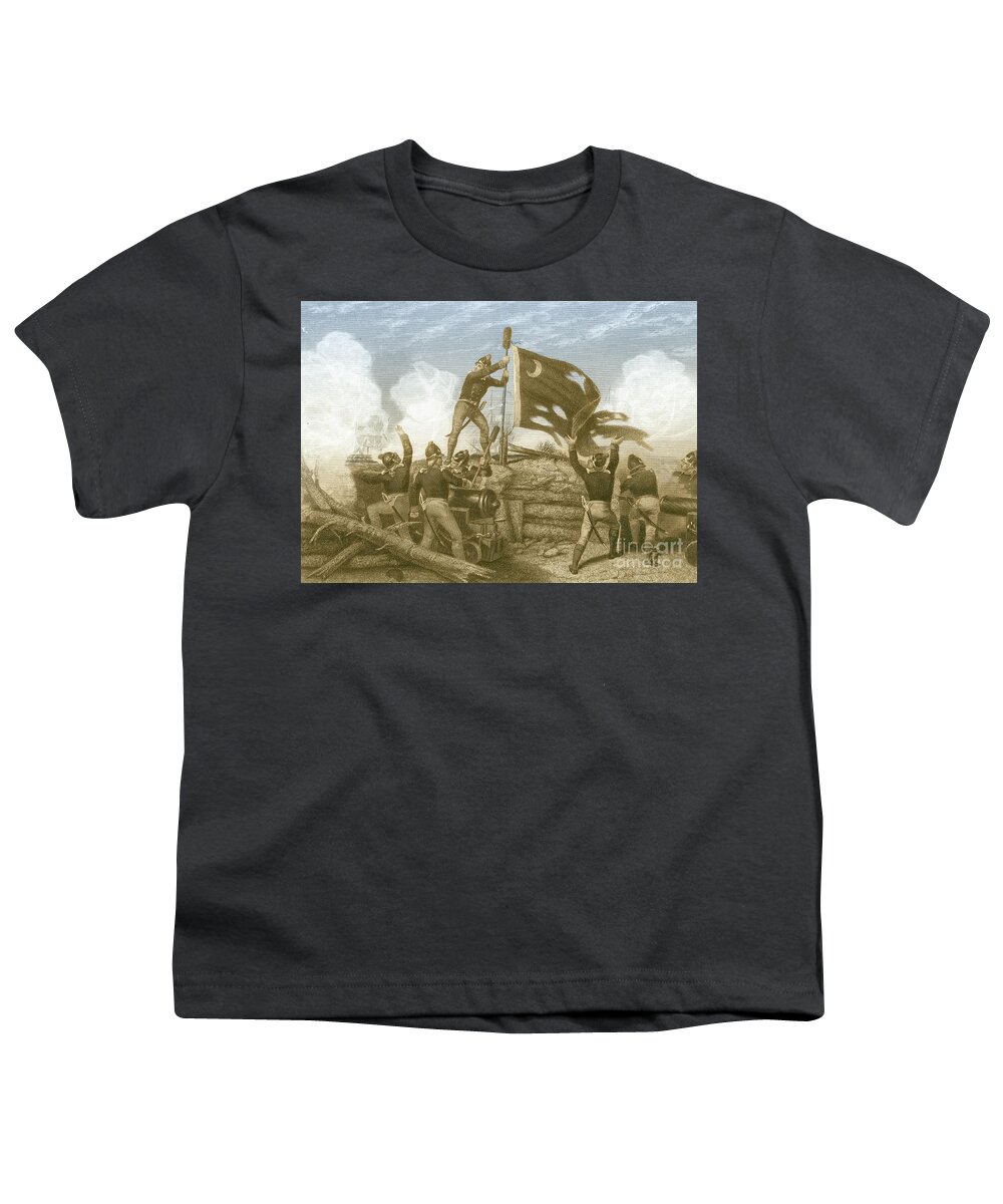 History Youth T-Shirt featuring the photograph Defense Of Fort Moultrie, 1776 #1 by Photo Researchers