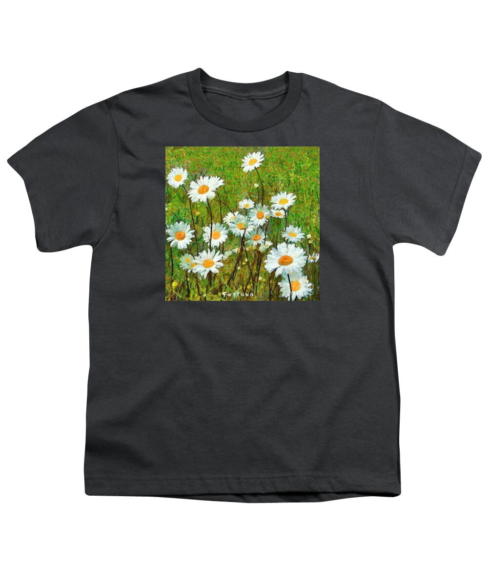Landscape Youth T-Shirt featuring the painting Camomiles field by Dragica Micki Fortuna