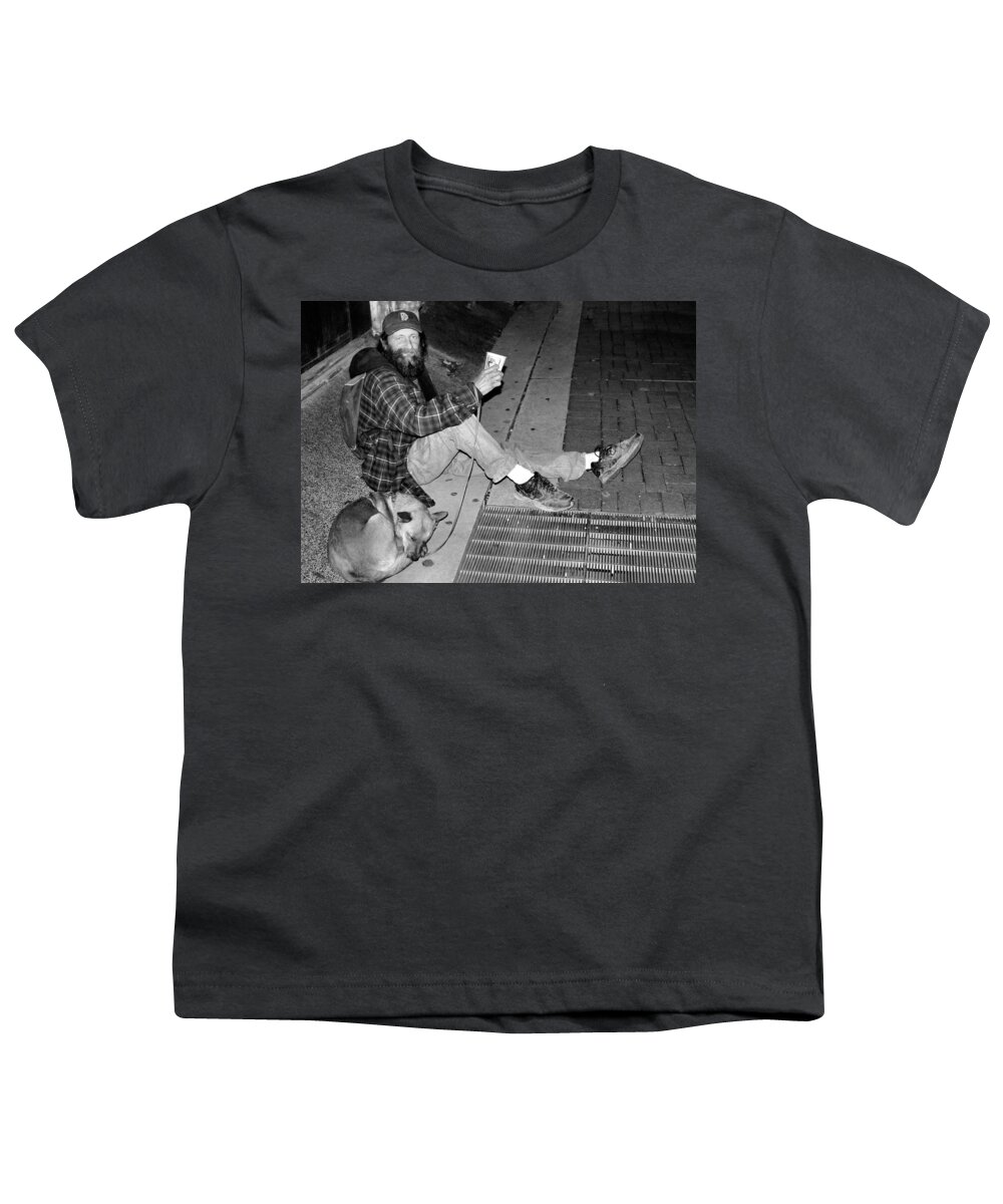 Homeless Youth T-Shirt featuring the photograph Homeless with Faithful Companion by Kristin Elmquist