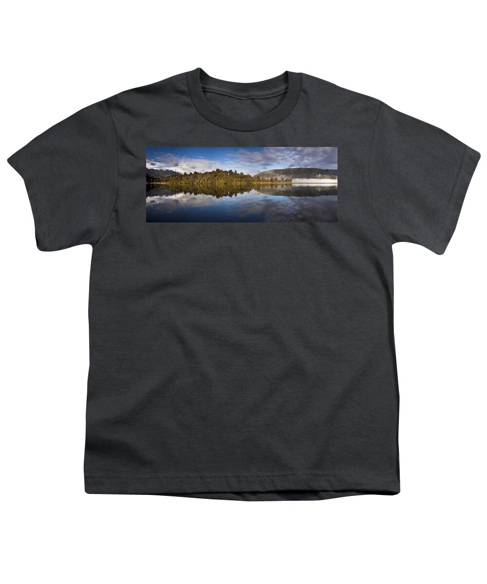 Hhh Youth T-Shirt featuring the photograph Misty Lake Mapourika Inwestland Np New by Colin Monteath