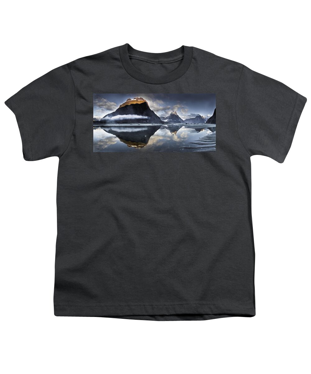 00438696 Youth T-Shirt featuring the photograph Mitre Peak Reflecting In Milford Sound by Colin Monteath