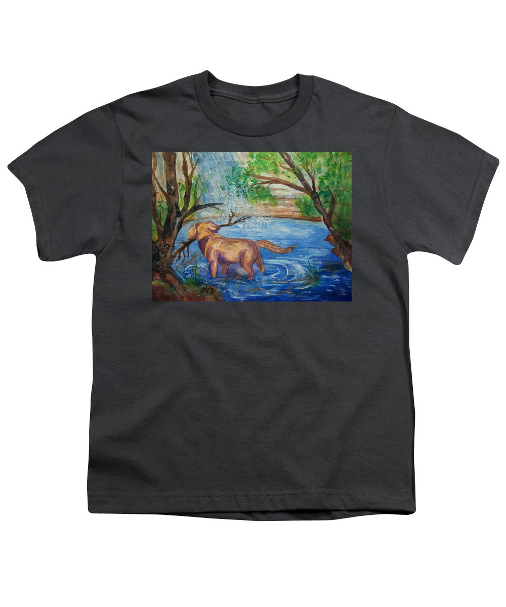 Waterfall Youth T-Shirt featuring the painting Playing in the Falls by Ellen Levinson