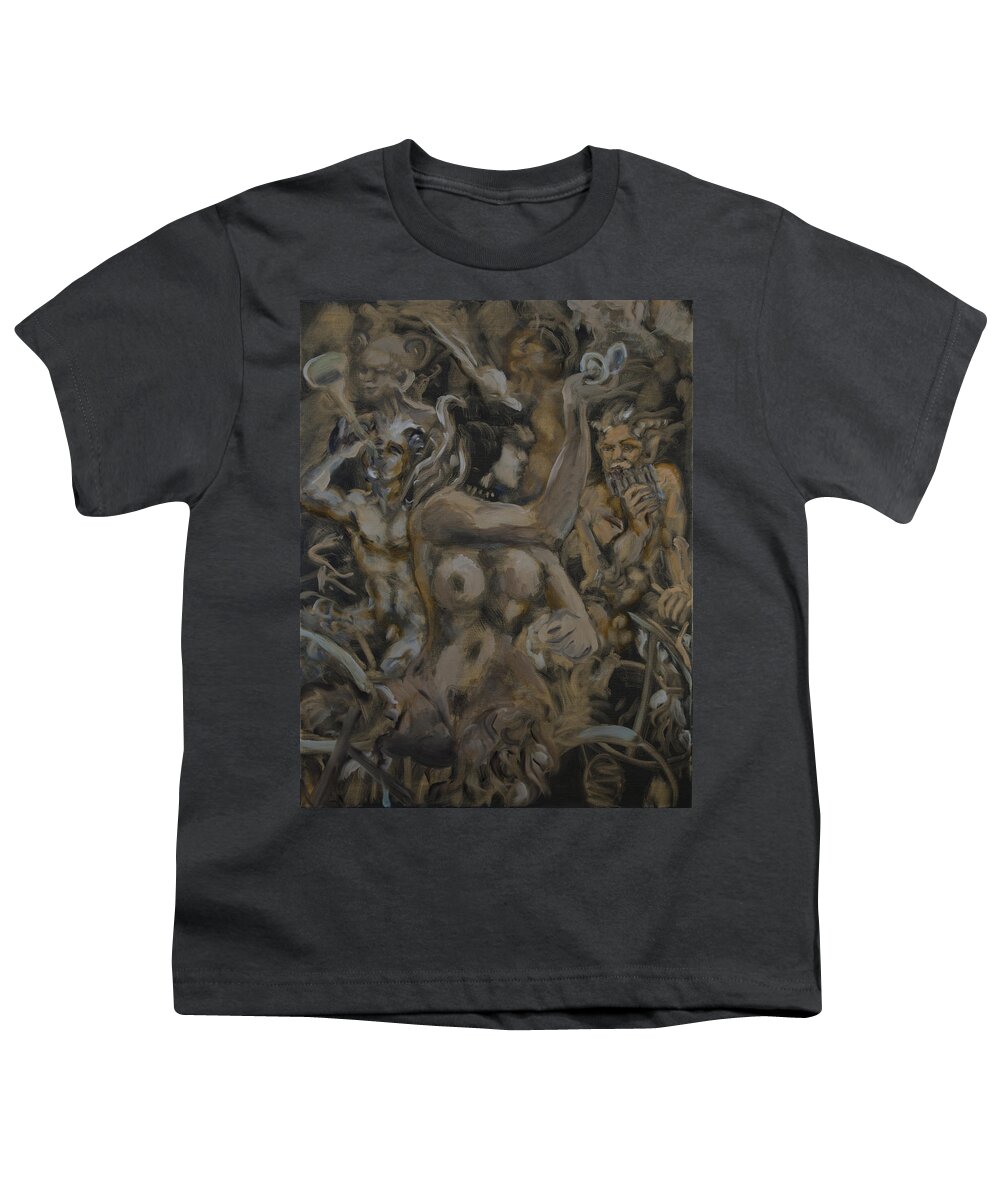 Nudes Youth T-Shirt featuring the painting Satyr queen with suitors on bike ride by Peregrine Roskilly