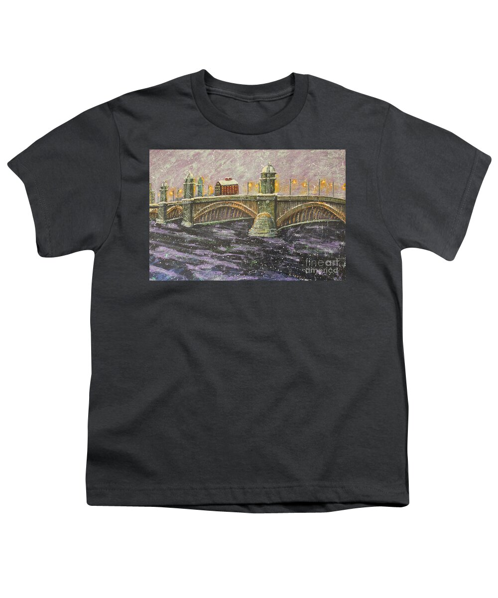 Longfellow Bridge Youth T-Shirt featuring the painting 'Steeling' Longfellow by Rita Brown