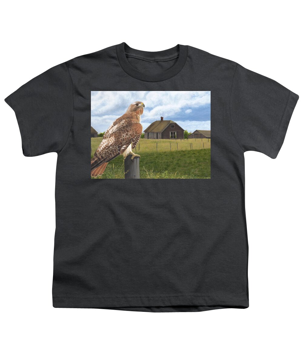 Red Tailed Hawk Over Looking Old Homestead Youth T-Shirt featuring the painting The Grounds Keeper by Tammy Taylor